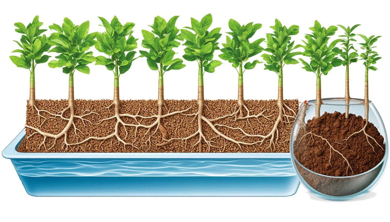 Вода из поддона через мат поступает к корням растения, которое само регулирует потребление влаги.