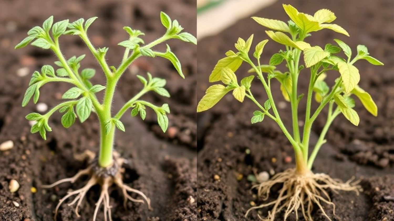 Разница в развитии рассады при правильном и неправильном выборе тары за 30 дней.