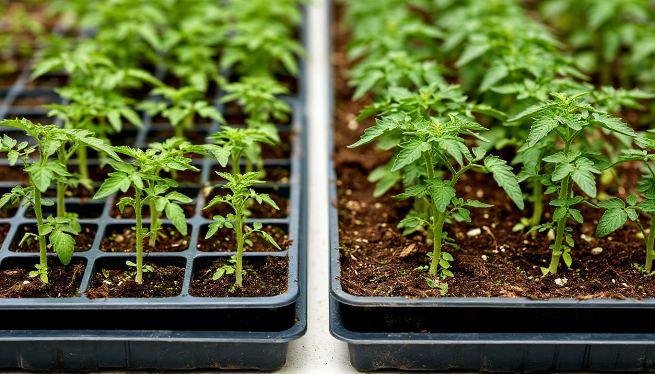 Разница в развитии рассады при разных способах полива становится заметной уже через 2-3 недели.