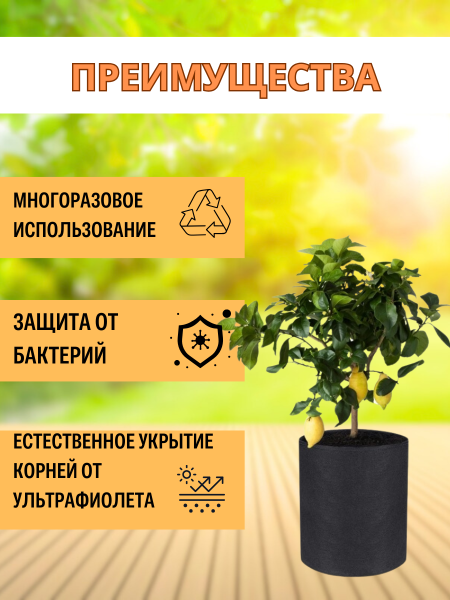 Текстильный горшок Здоровый корень без ручек черный 1 л по 3 шт Благодатное земледелие