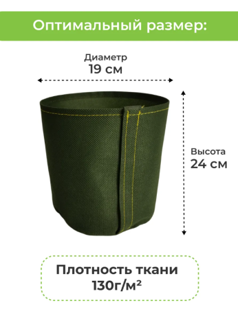 Текстильный горшок Здоровый корень с липучкой-застежкой зеленый  7 л по 10 шт Благодатное земледелие