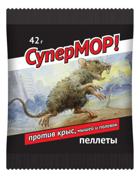 Зерновая приманка СуперМор против мышей, полевок, серых крыс 42 г Зерновая приманка СуперМор против мышей, полевок, серых крыс 42 г