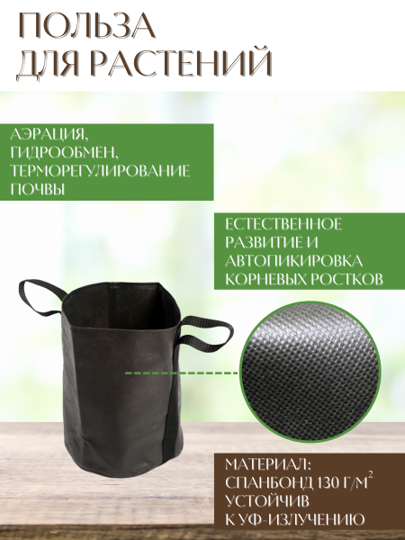 Текстильный горшок Здоровый корень боковые ручки зелёный 50 л Благодатное земледелие