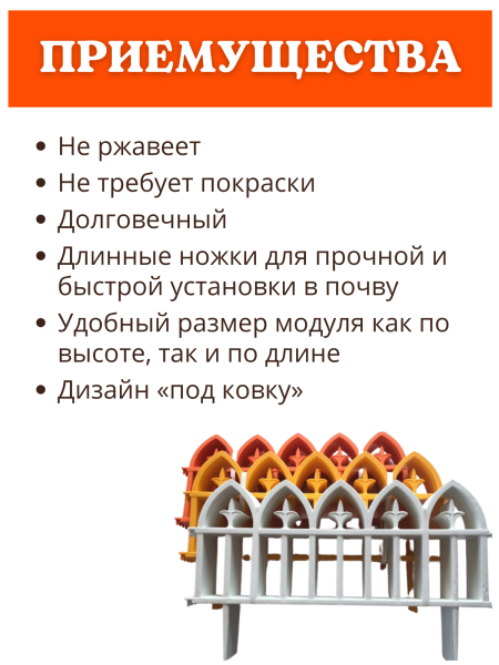 Декоративное ограждение Кованый цветок 5 секций, 3 м оранжевый