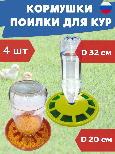 Набор Кормушка для домашней птицы под банку 2 шт и Поилка Ряба под бутылку 1,5-2 л 2 шт