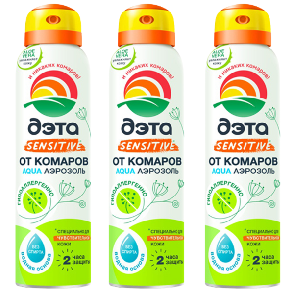 ДЭТА АКВА AQUA SENSITIVE аэрозоль от комаров для чувствительной кожи 150 мл 3 шт ДЭТА АКВА AQUA SENSITIVE аэрозоль от комаров для чувствительной кожи 150 мл 3 шт