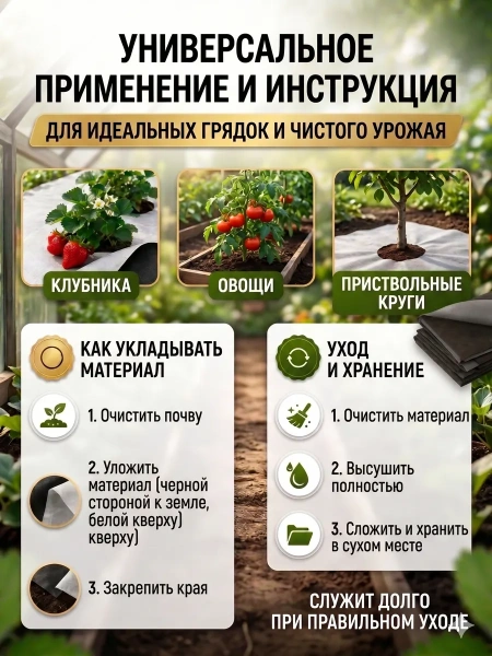 Укрывной материал Грядка в порядке для клубники и овощей с УФ стабилизатором бело-черный мульчирующий 80 г/м2, 1,6 х 5 м Благодатное Земледелие