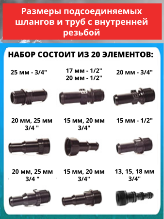 Набор переходников для подключения водопроводных шлангов НПШ-20, 20 шт
