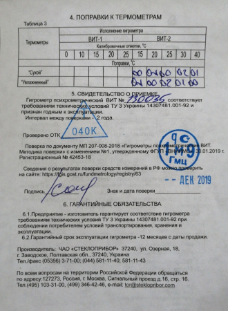 Гигрометр психрометрический ВИТ-2 с поверкой