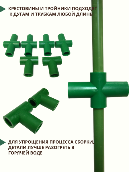 Комплект для сборки парника 5 трубок длиной 1 м d 10 мм, 2 тройника, 4 крестовины, без дуг Комплект для сборки парника 5 трубок длиной 1 м d 10 мм, 2 тройника, 4 крестовины, без дуг