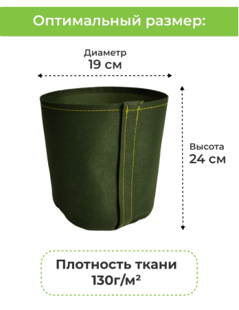 Текстильный горшок Здоровый корень с липучкой-застежкой зеленый 7 л по 30 шт Благодатное земледелие