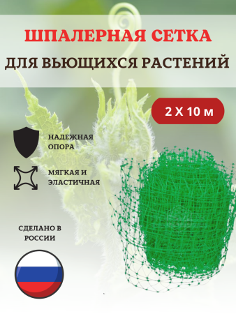 Сетка садовая шпалерная для вьющихся растений размером 2х10 м с ячейками 17х17 см