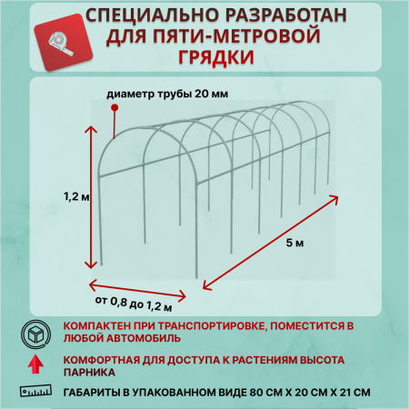 Каркас парника из ПВХ длина 5 м, высота 1,2 м дуга разборная