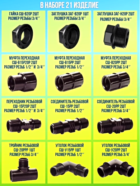Набор резьбовых соединителей для водопроводных шлангов НРС-21, 21 шт