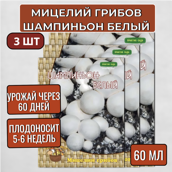 Мицелий грибов Шампиньон белый на субстрате 60 мл, 3 шт